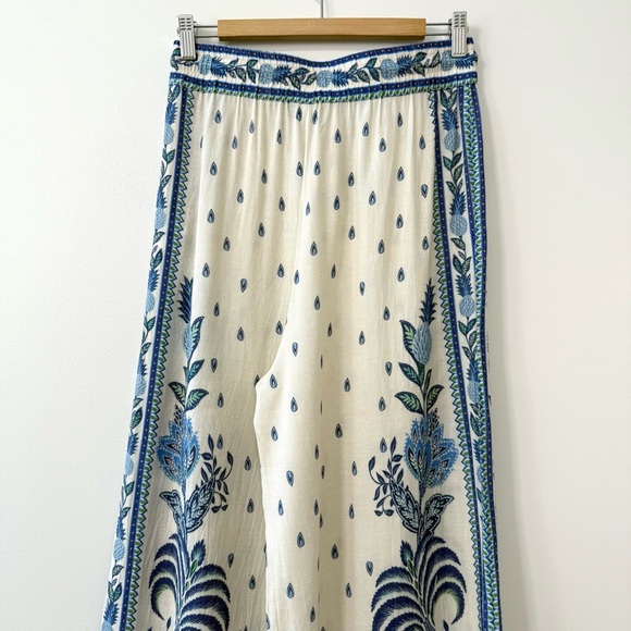 FARM Rio Festa de Arara Wide Leg Pant Cream & Blue Floral Print Linen Blend Sz M - Picture 6 of 15